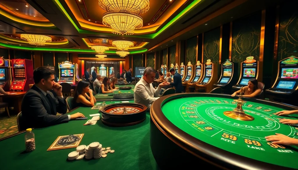 Experience the vibrant excitement of FIVE 88 casino with players enjoying dynamic gambling activities.