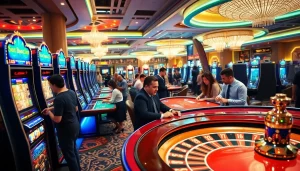 Sparking excitement at SLOT365 with vibrant slot machines and casino tables full of players.