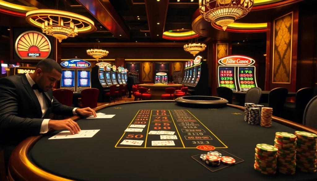 Experience the thrill of gambling with Indoxxi as players strategize at a vibrant casino table.