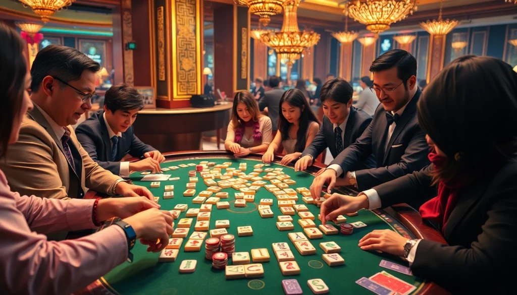 Engaging in Link Mahjong, players connect colorful tiles at an exciting casino table.