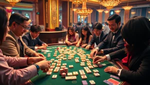Engaging in Link Mahjong, players connect colorful tiles at an exciting casino table.