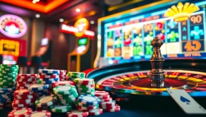 Experience thrilling gameplay with 8qbet's vibrant casino atmosphere filled with poker chips and slot machines.