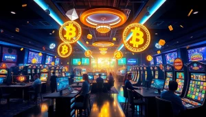 Crypto online casinos showcasing players enjoying high-tech gaming experiences with cryptocurrencies.