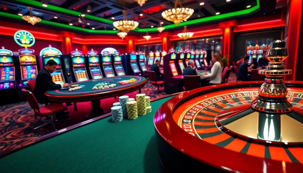 Gambling scene with casino table, poker chips, and roulette wheel highlighting tỷ lệ kèo nhà cái.