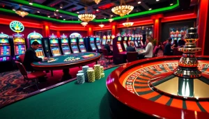 Gambling scene with casino table, poker chips, and roulette wheel highlighting tỷ lệ kèo nhà cái.