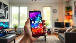 Giao diện ứng dụng AX88 APK trên điện thoại thông minh trong một văn phòng tại nhà hiện đại.