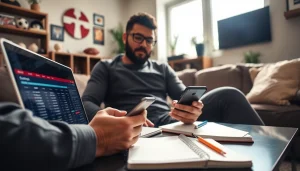 Engaging in online sports betting Canada with a laptop and sports memorabilia