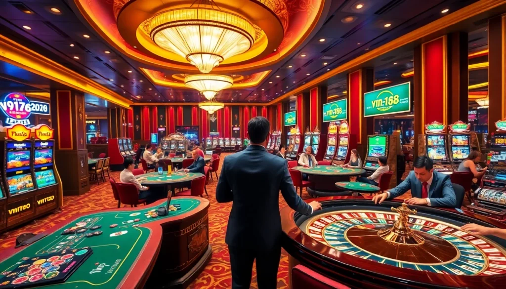Betting excitement at a luxurious casino with vn168 themed tables and vibrant slot machines.