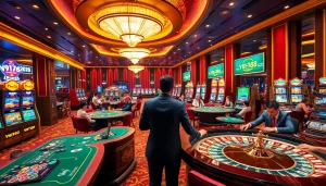 Betting excitement at a luxurious casino with vn168 themed tables and vibrant slot machines.