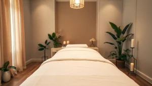 부드러운 조명이 비추는 고요하고 우아하게 디자인된 치료 공간에서의 출장마사지 서비스 셋업.