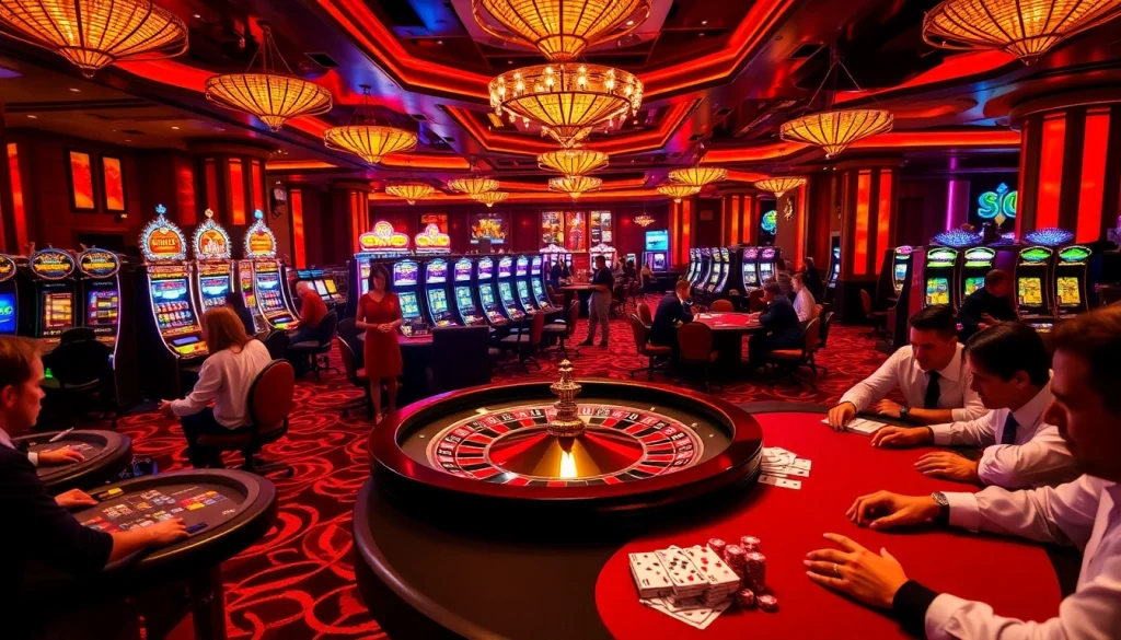 Experience the excitement at SODO Casino with players at a roulette table and vibrant slot machines.