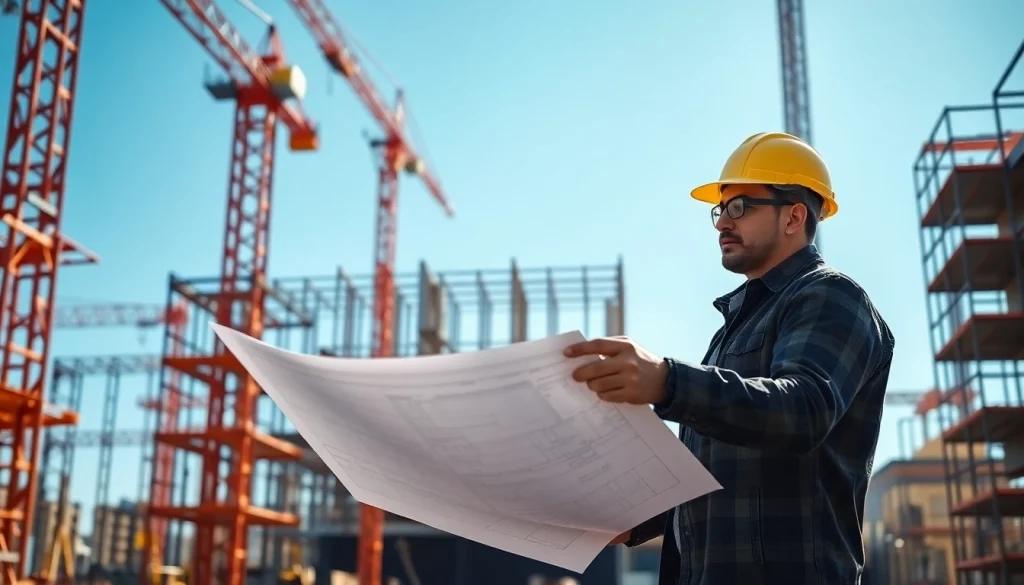New Jersey Construction Manager analyzing blueprints at an active construction site.