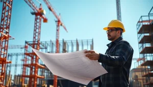 New Jersey Construction Manager analyzing blueprints at an active construction site.