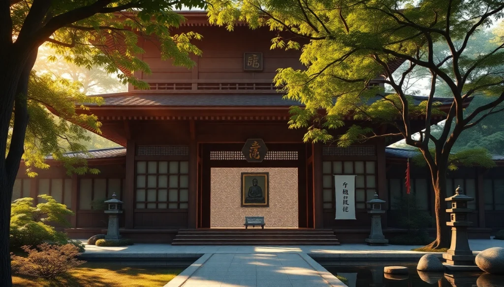 緑豊かな木々と穏やかな庭園に囲まれた、即身仏を安置する静かな日本の寺院。