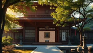 緑豊かな木々と穏やかな庭園に囲まれた、即身仏を安置する静かな日本の寺院。