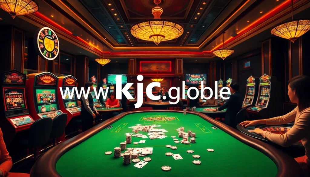 Engage with exciting gaming experiences at www.kjc.global with vibrant casino visuals featuring card tables and roulette.