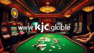 Engage with exciting gaming experiences at www.kjc.global with vibrant casino visuals featuring card tables and roulette.