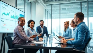 AI integration service provider team collaboratively planning innovative solutions in a modern office.