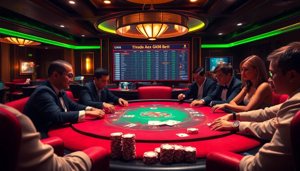 Experience gk88 bet at a luxurious casino table with poker chips, cards, and an elegant betting interface.