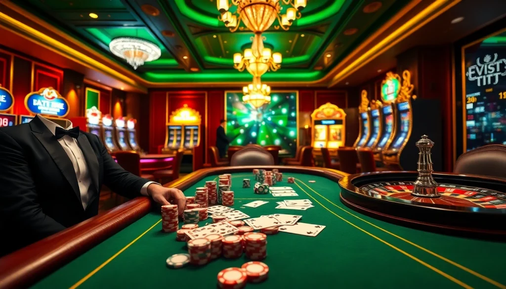 A vibrant casino scene featuring poker chips and cards, inspired by https://ev88vip1.cn.com/.