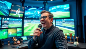 Engaging sports broadcasting scene featuring a commentator delivering live analysis.