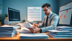 Tax preparation accounting office with a professional accountant analyzing financial documents.