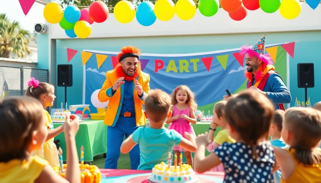 Birthday party entertainers engaging children in a vibrant outdoor party.