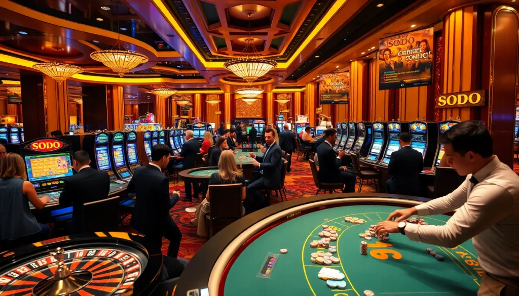 SODO Casino scene with players at tables and vibrant slot machines, highlighting excitement.