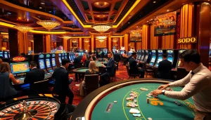 SODO Casino scene with players at tables and vibrant slot machines, highlighting excitement.