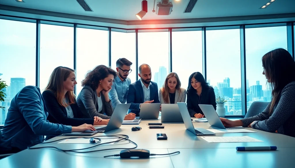 Illustrating managed IT support services with a diverse team collaborating in a modern office setting.