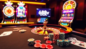 Experience winning at https://688v.games/ with a luxurious roulette table showcasing poker chips and cards.