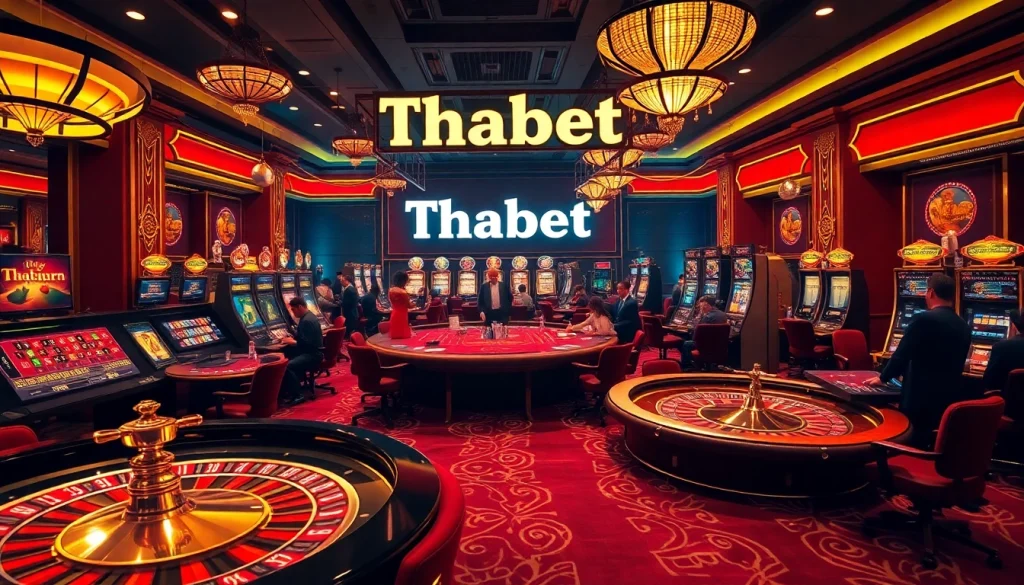 Players enjoying thrilling casino games at Thabet with poker chips and slot machines.