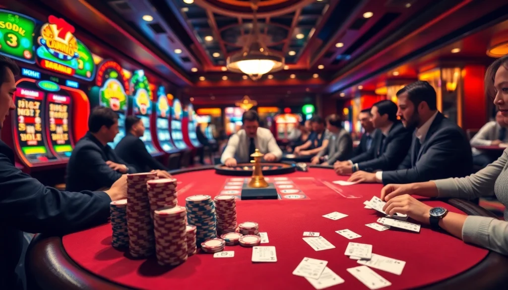 Players enjoying a high-stakes game at the SODO casino table, surrounded by colorful slot machines.
