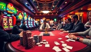 Players enjoying a high-stakes game at the SODO casino table, surrounded by colorful slot machines.