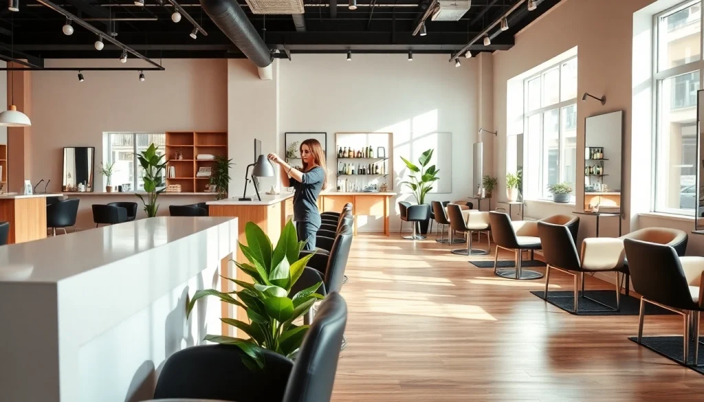 salon craiova - Elegant hair salon with modern decor and professional stylist at work.