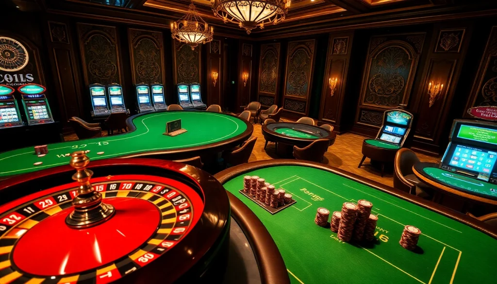 Engaging gamblers at a vibrant casino with tables and slot machines at https://nk88net.com/ for an exciting experience.
