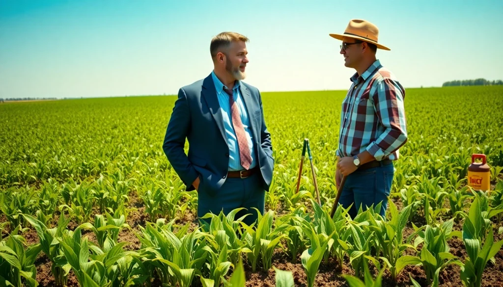 Agriculture lawyer advising a farmer in a vibrant field about legal issues related to farming.