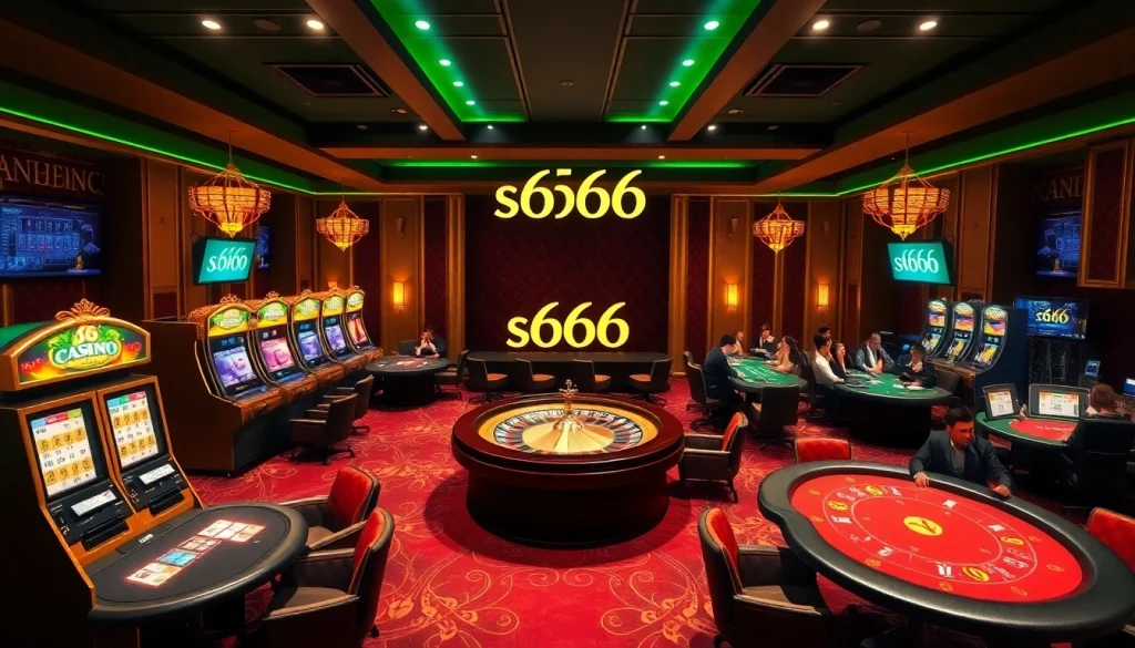 Players enjoying games at s666 casino with vibrant slot machines and roulette wheel.