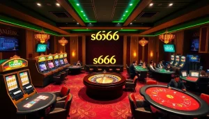 Players enjoying games at s666 casino with vibrant slot machines and roulette wheel.