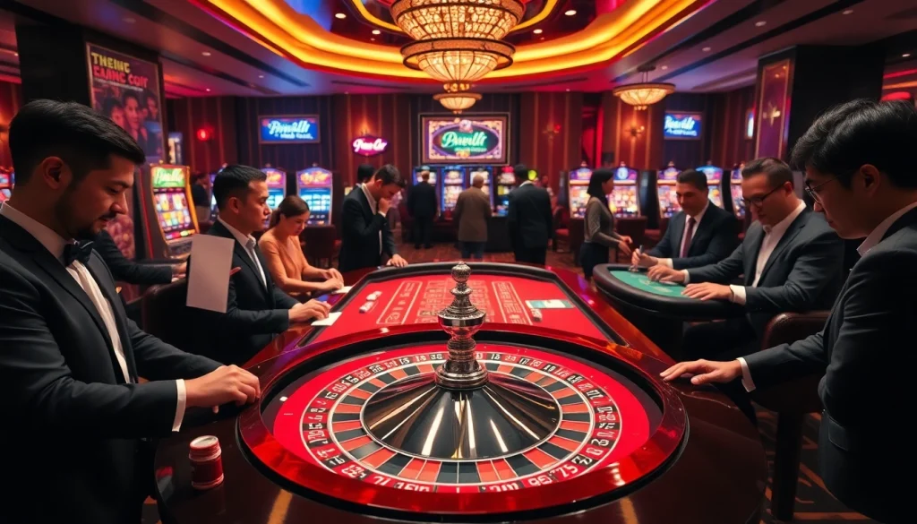 Engaging scene showcasing keo nha cai strategies at a vibrant casino with roulette and blackjack excitement.