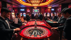 Engaging scene showcasing keo nha cai strategies at a vibrant casino with roulette and blackjack excitement.
