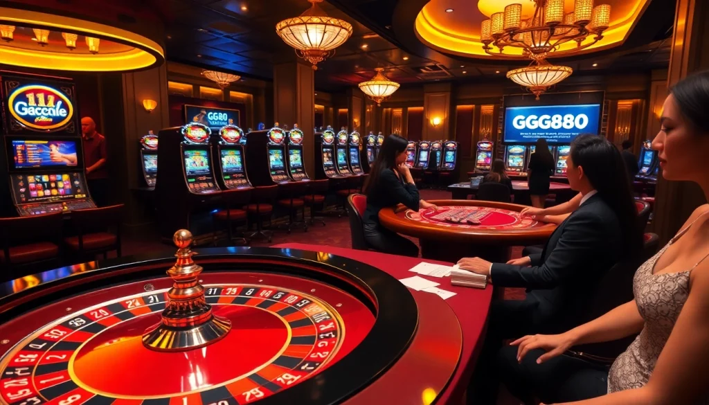 Experience the excitement of gg88 with vibrant casino gaming scenes including roulette and slot machines.