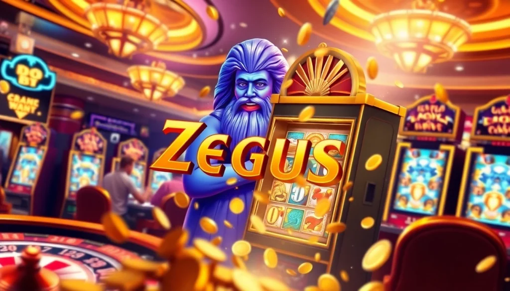 Experience the thrill of zeus slot with vibrant casino lights and excited players celebrating a jackpot win.