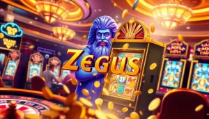 Experience the thrill of zeus slot with vibrant casino lights and excited players celebrating a jackpot win.