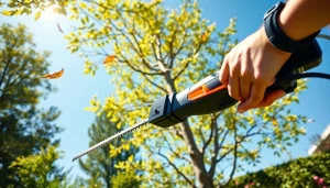 Best electric pole saw being used to trim a tree in a vibrant garden setting.