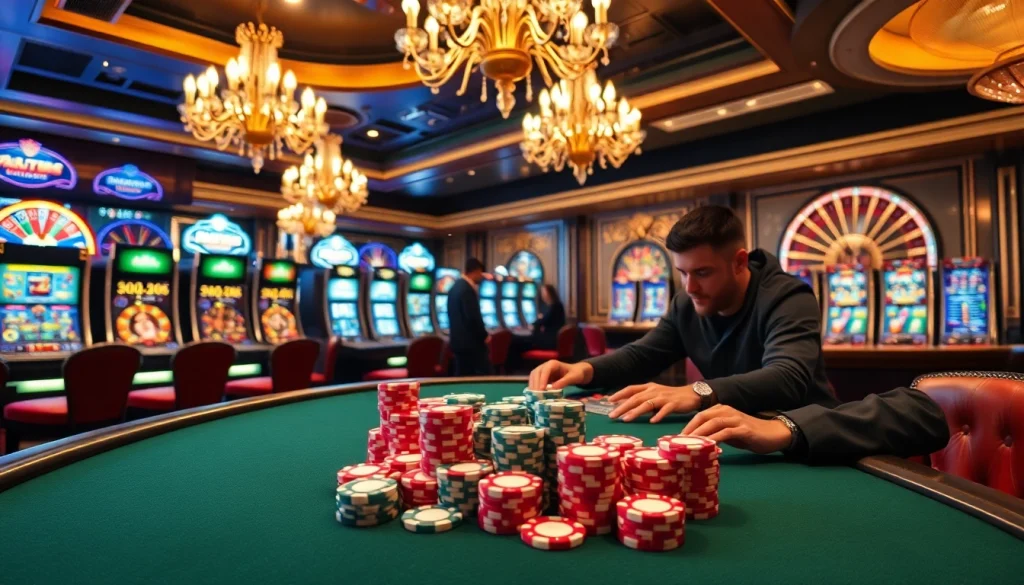 Nohu-themed poker game with vibrant chips and a dazzling roulette wheel in a luxurious casino ambiance.