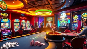 Experience the thrill of gaming at PS99 with vibrant casino tables and lively players.