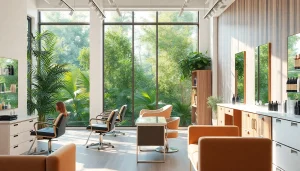 Salon Craiova featuring elegant stations and a welcoming setup in vibrant colors.