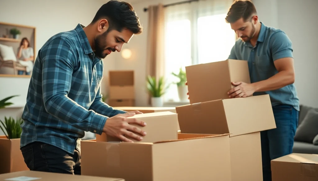 Moving Experts efficiently packing boxes in a cozy home environment.