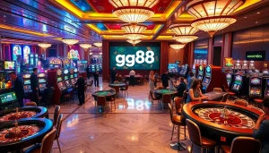 Experience the excitement of gg88 gaming with players at a vibrant casino featuring tables and slot machines.